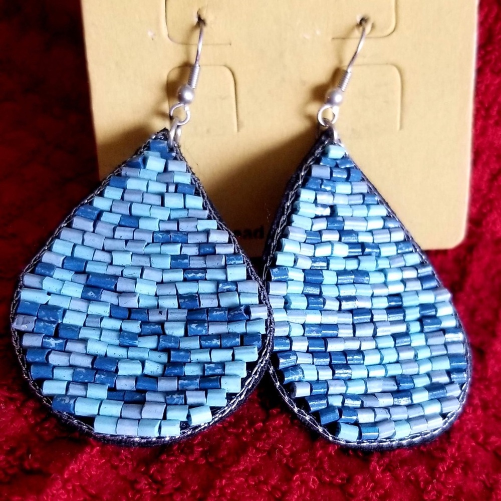 Blue Mosaic Teardrop Earrings with Silver Hooks